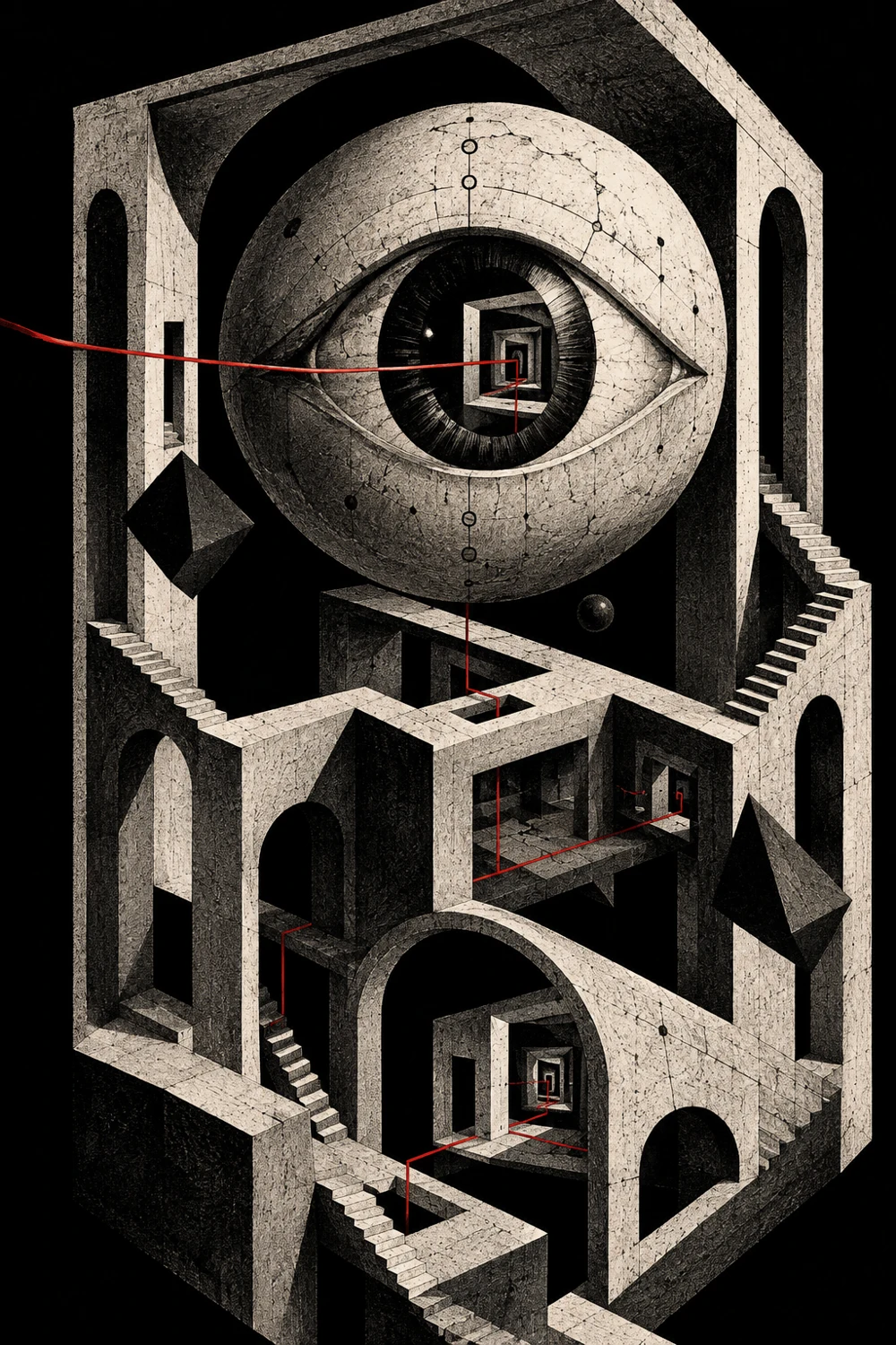 An engraved eye set inside nested architectural rooms, crossed by a red thread