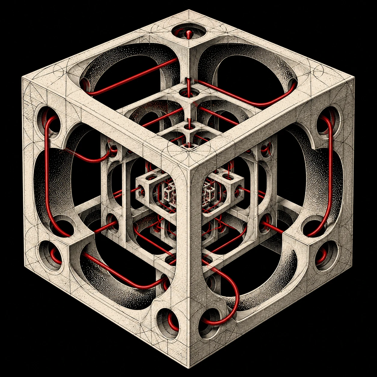 An impossible ivory cube containing smaller cubes and a crimson thread