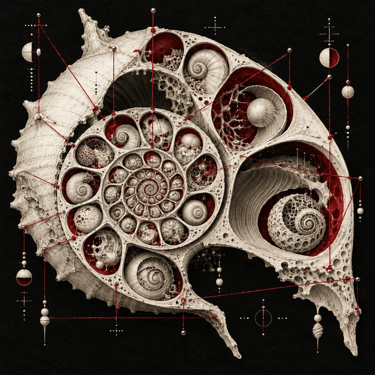 Impossible fossil spiral holding nested chambers and crimson survey threads