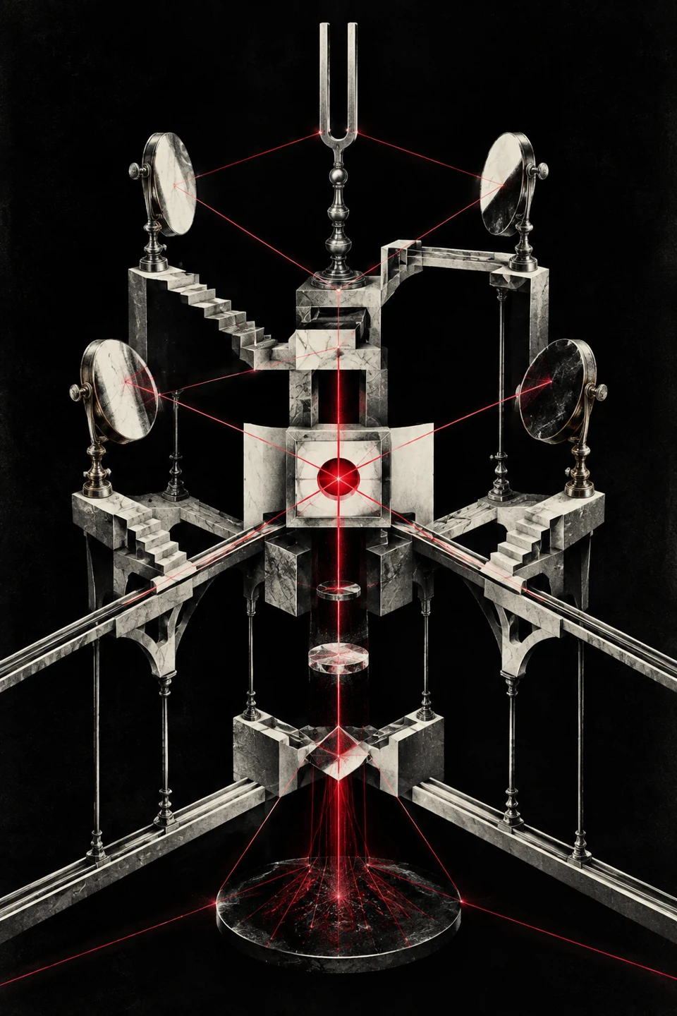 Impossible engraved optical instrument with mirrors, stairs and intersecting crimson light paths