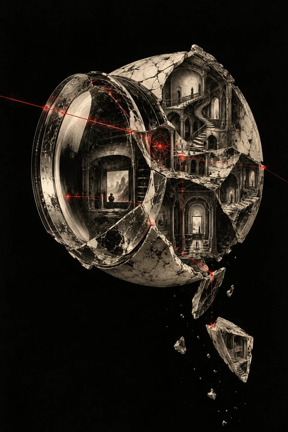 Fractured optical lens containing miniature rooms linked by red paths