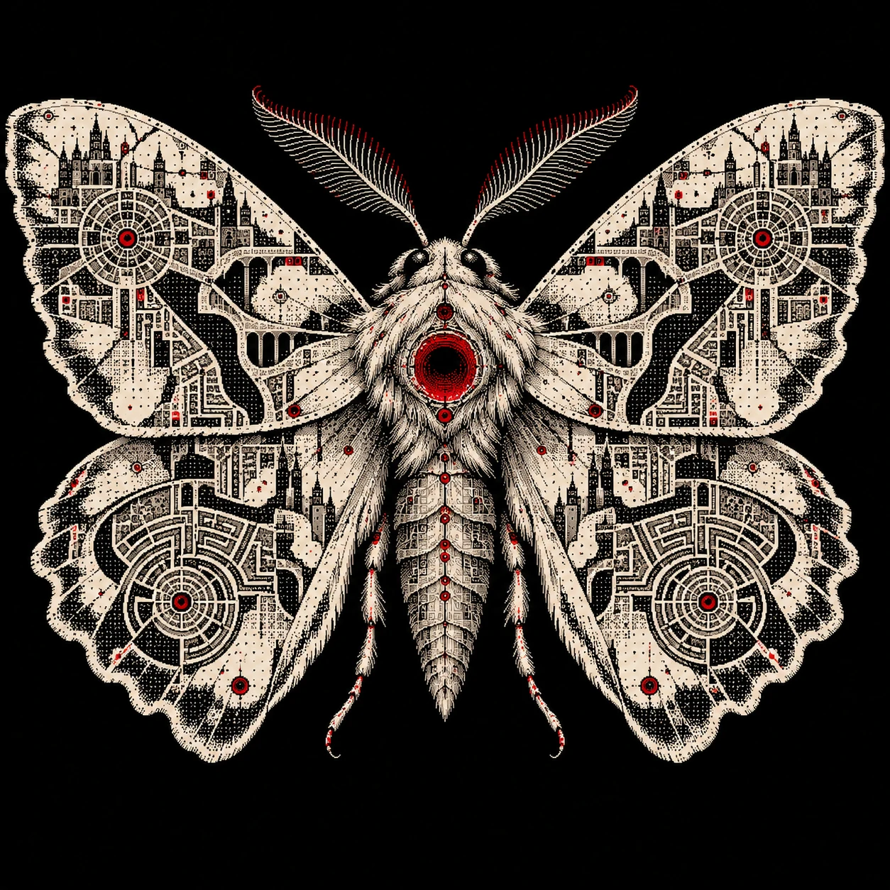 An ivory moth whose wings contain nested maps and whose body has a red opening