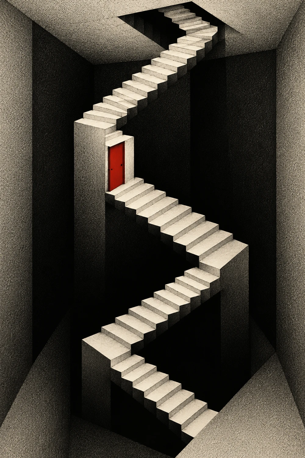 A folded-paper staircase looping through a black room with one red door