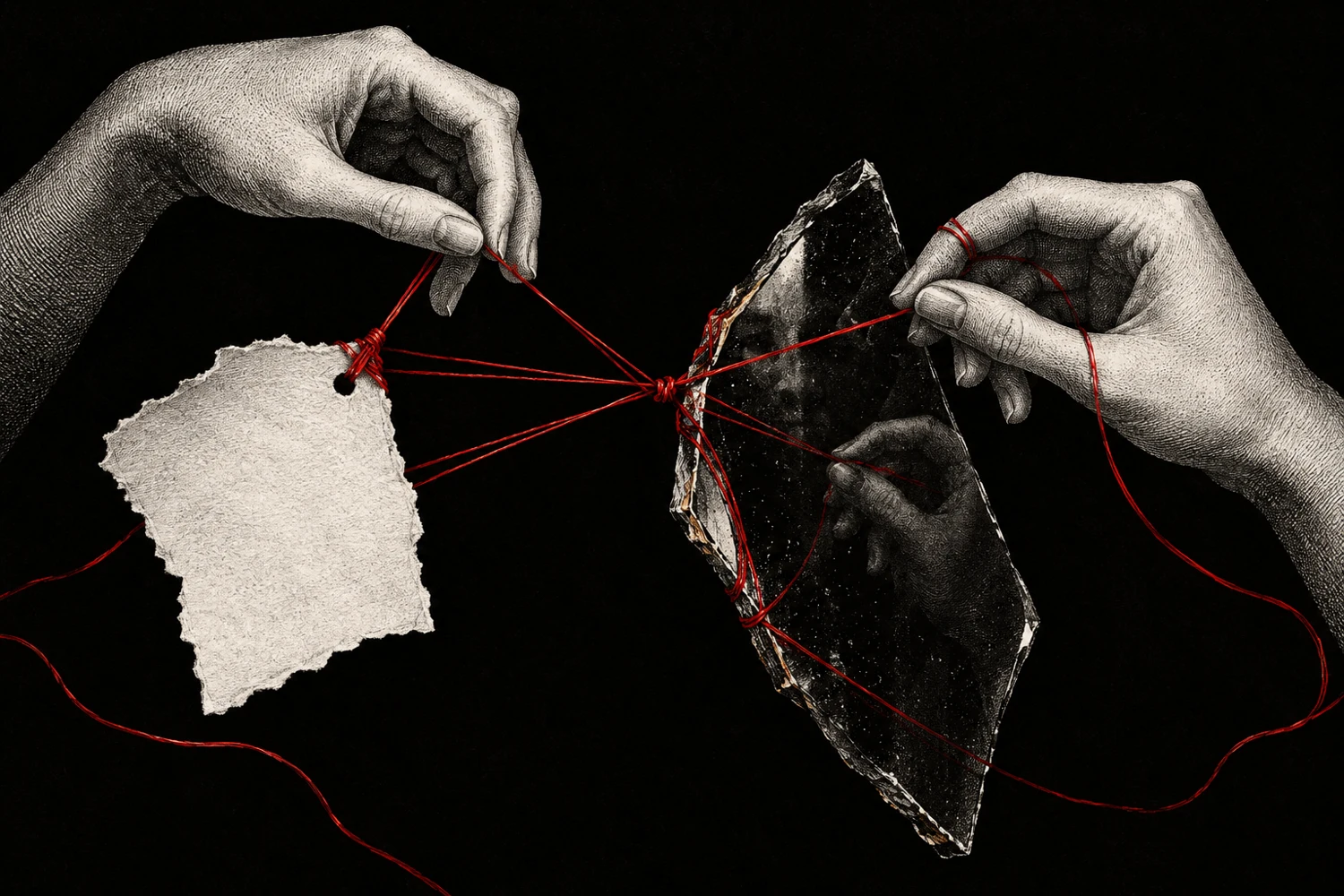 Two engraved hands connecting paper and a mirror fragment with red thread
