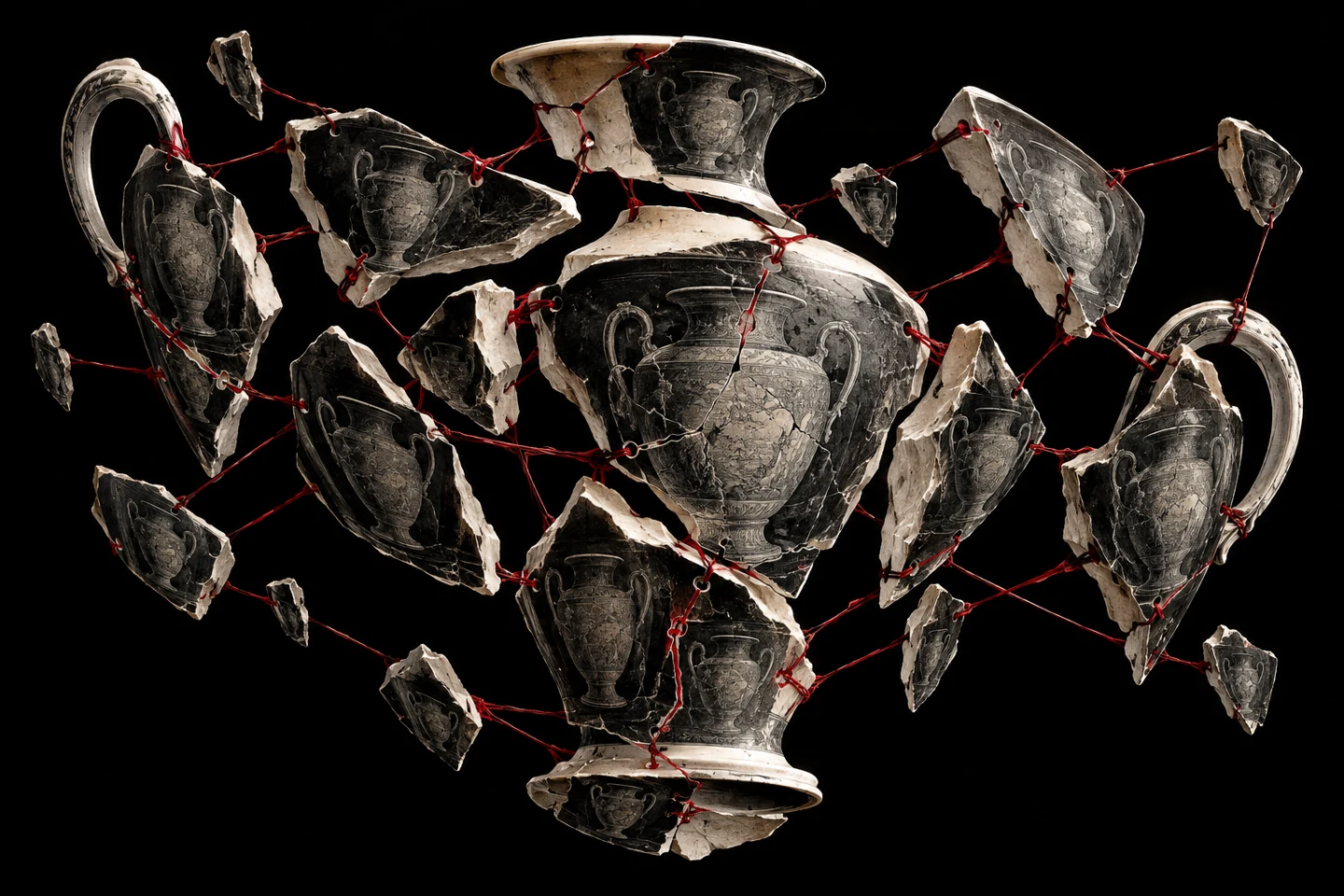 Floating porcelain shards, each etched with a whole vessel and stitched with red thread