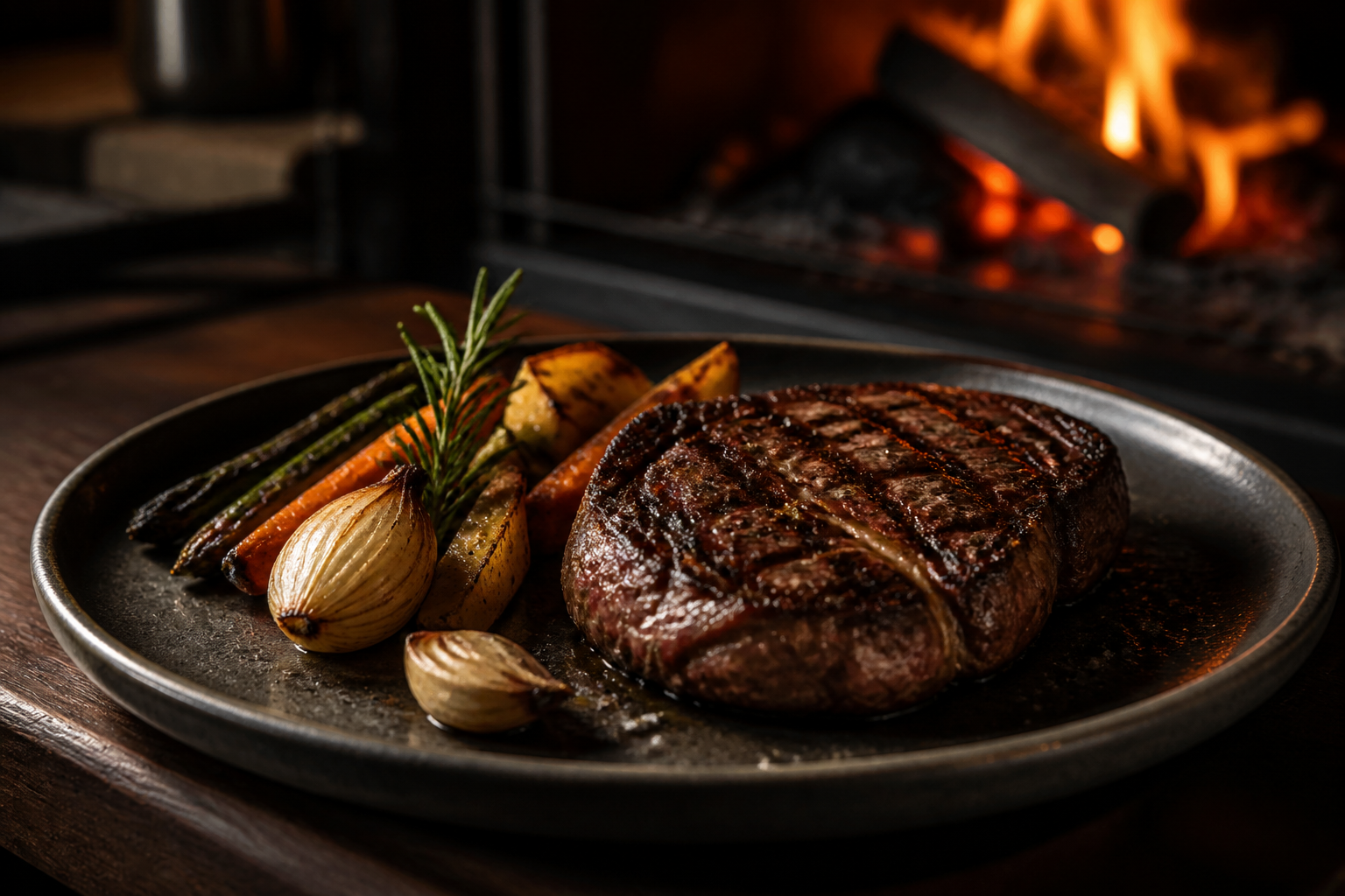 Signature ribeye plated beside open flame