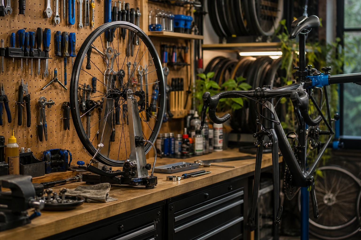 Bike service bench with wheel truing and tools in a repair shop