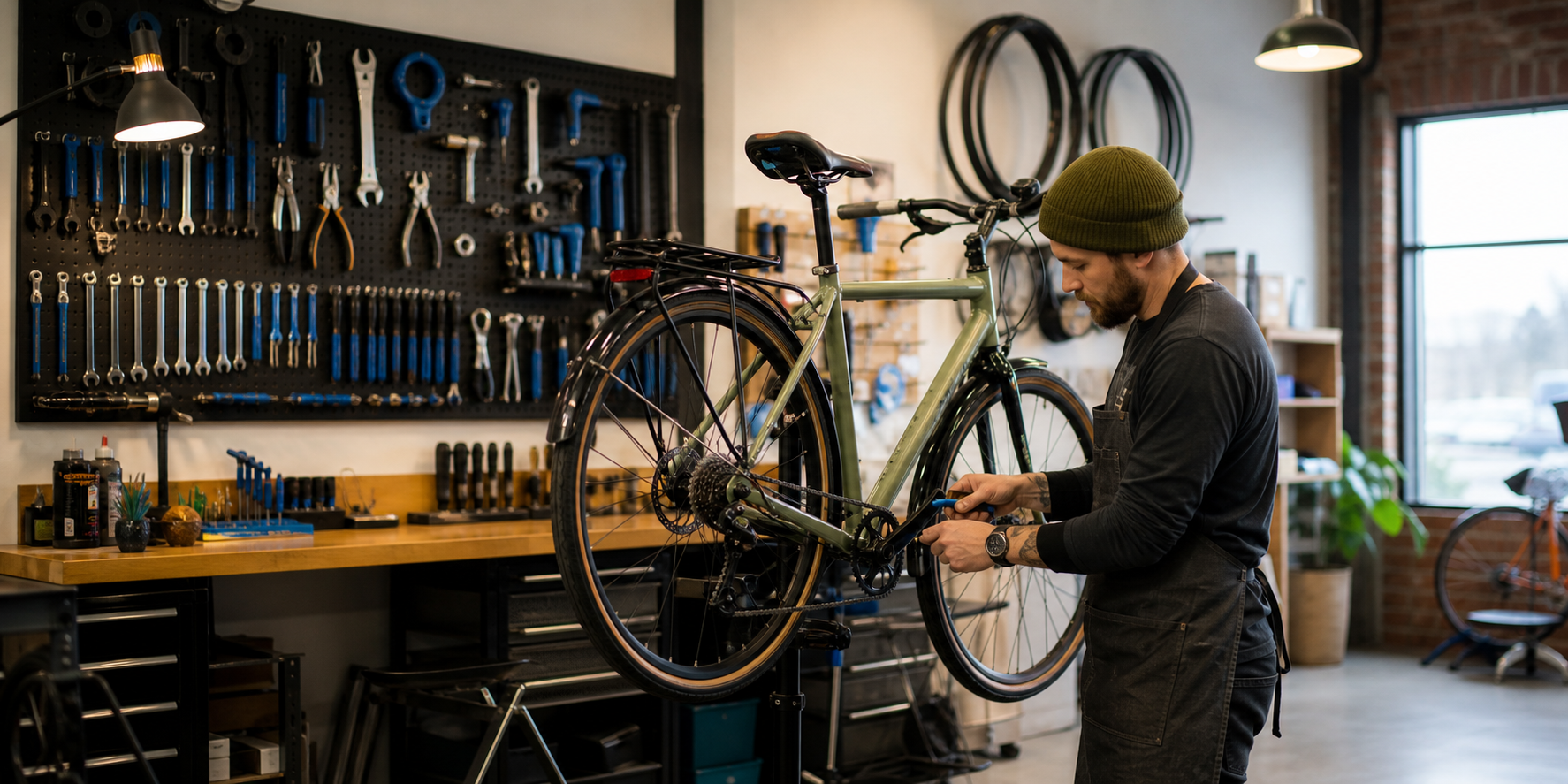 Bike mechanic tuning up a commuter bicycle in a workshop