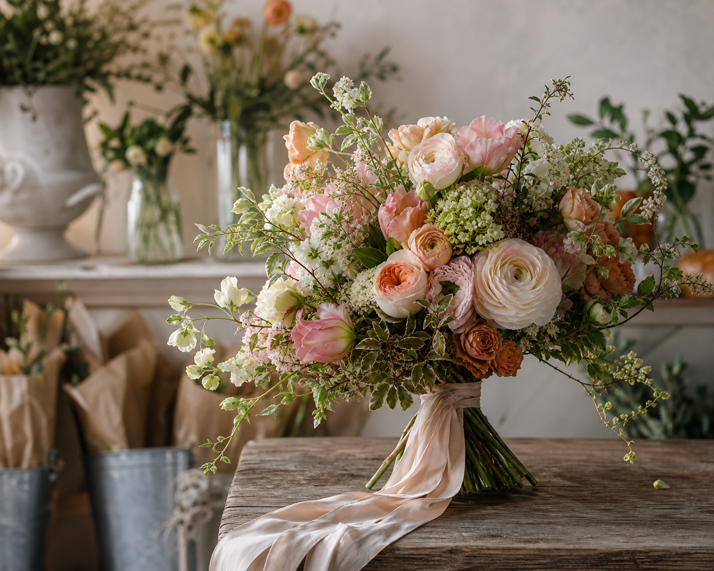 Signature bouquet with layered seasonal florals