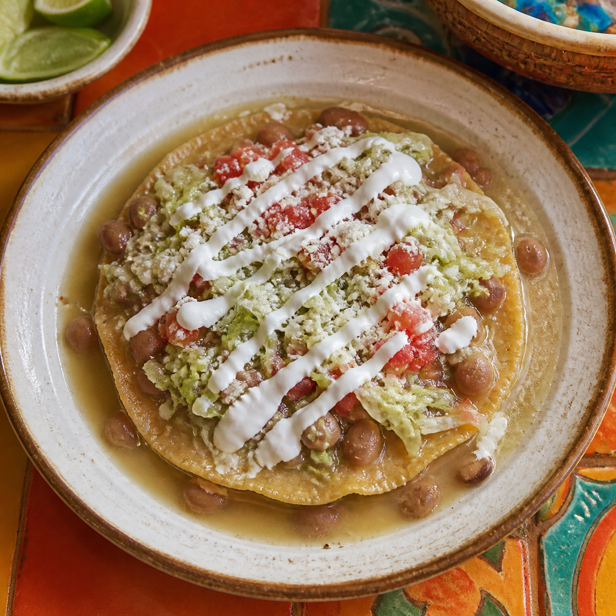The Damp Tostada with beans and toppings