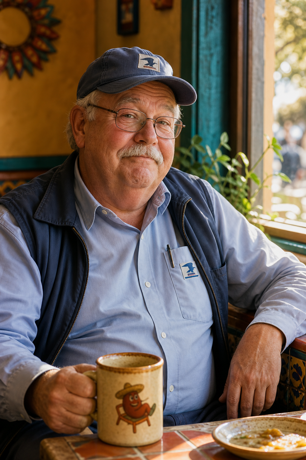Gary from the Post Office seated by the restaurant window