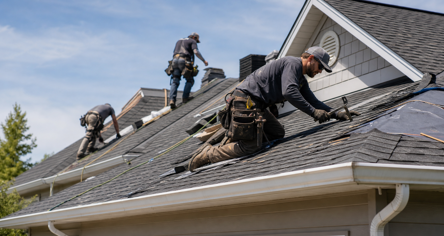 Roofing crew on site near a residential roofline