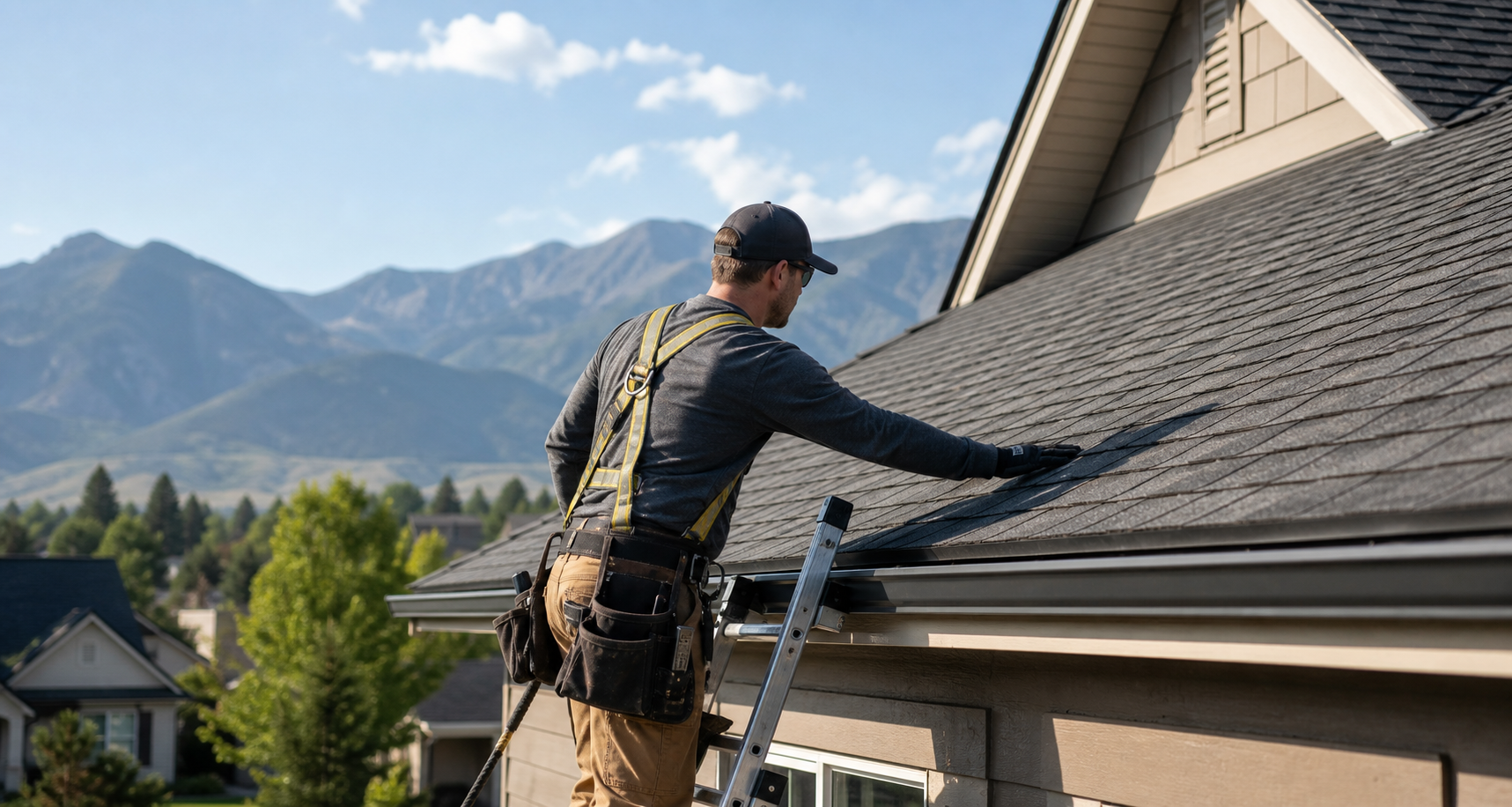 Roof inspection scene with ladder and shingles