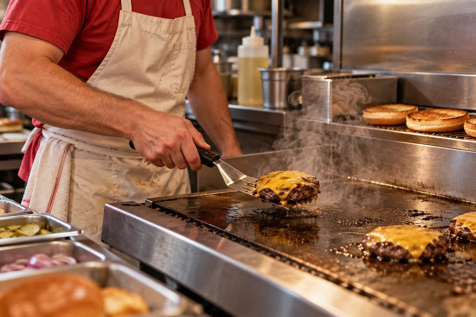A cook using a spatula at the flat-top griddle