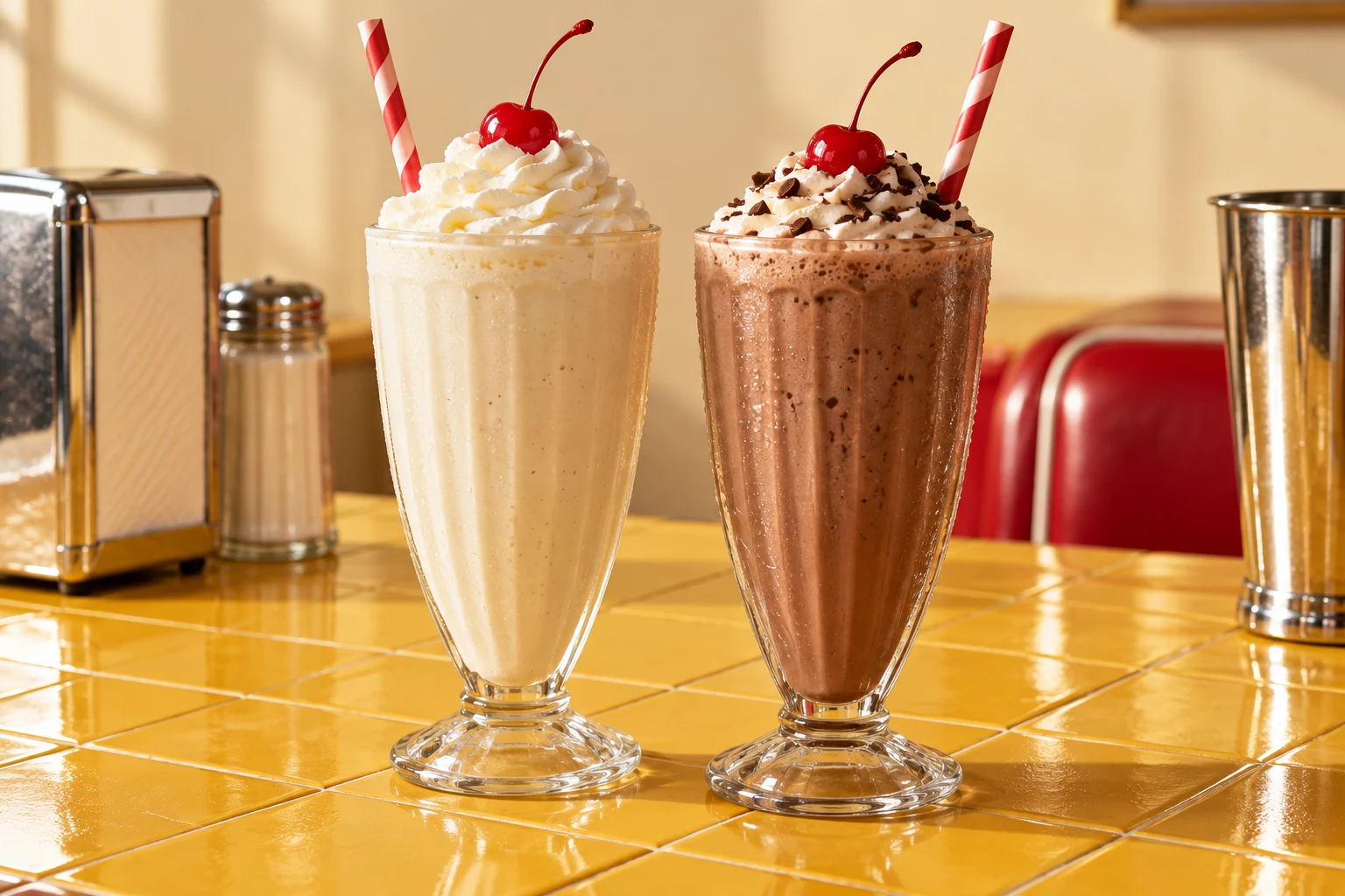 Vanilla and chocolate milkshakes with whipped cream and cherries