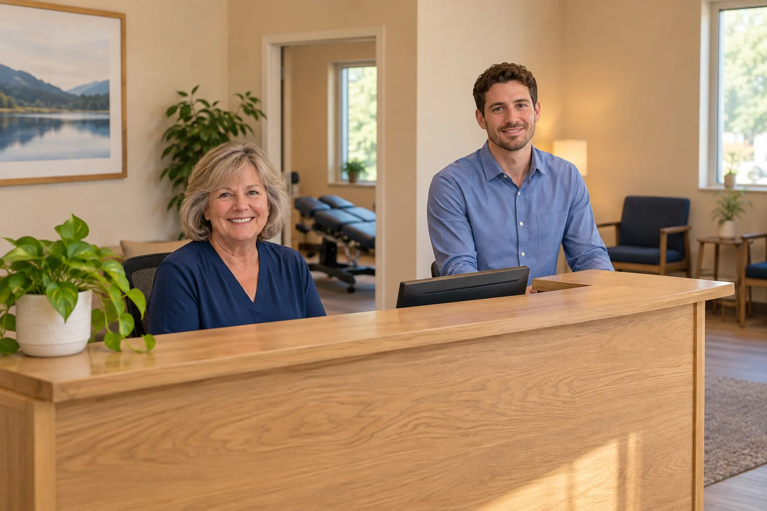 Reception staff at a clinic desk