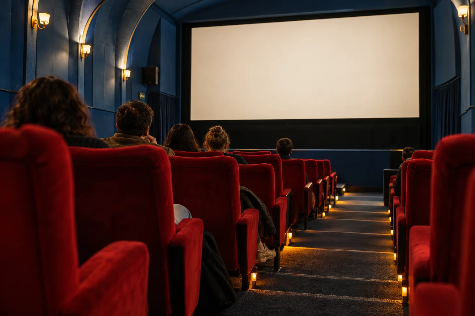 Audience members taking their seats in the cinema