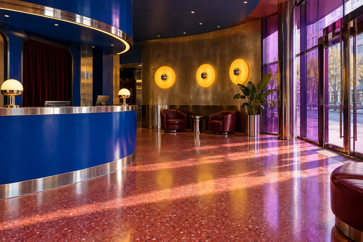 A colorful cinema foyer with cobalt ticket counter and coral floor