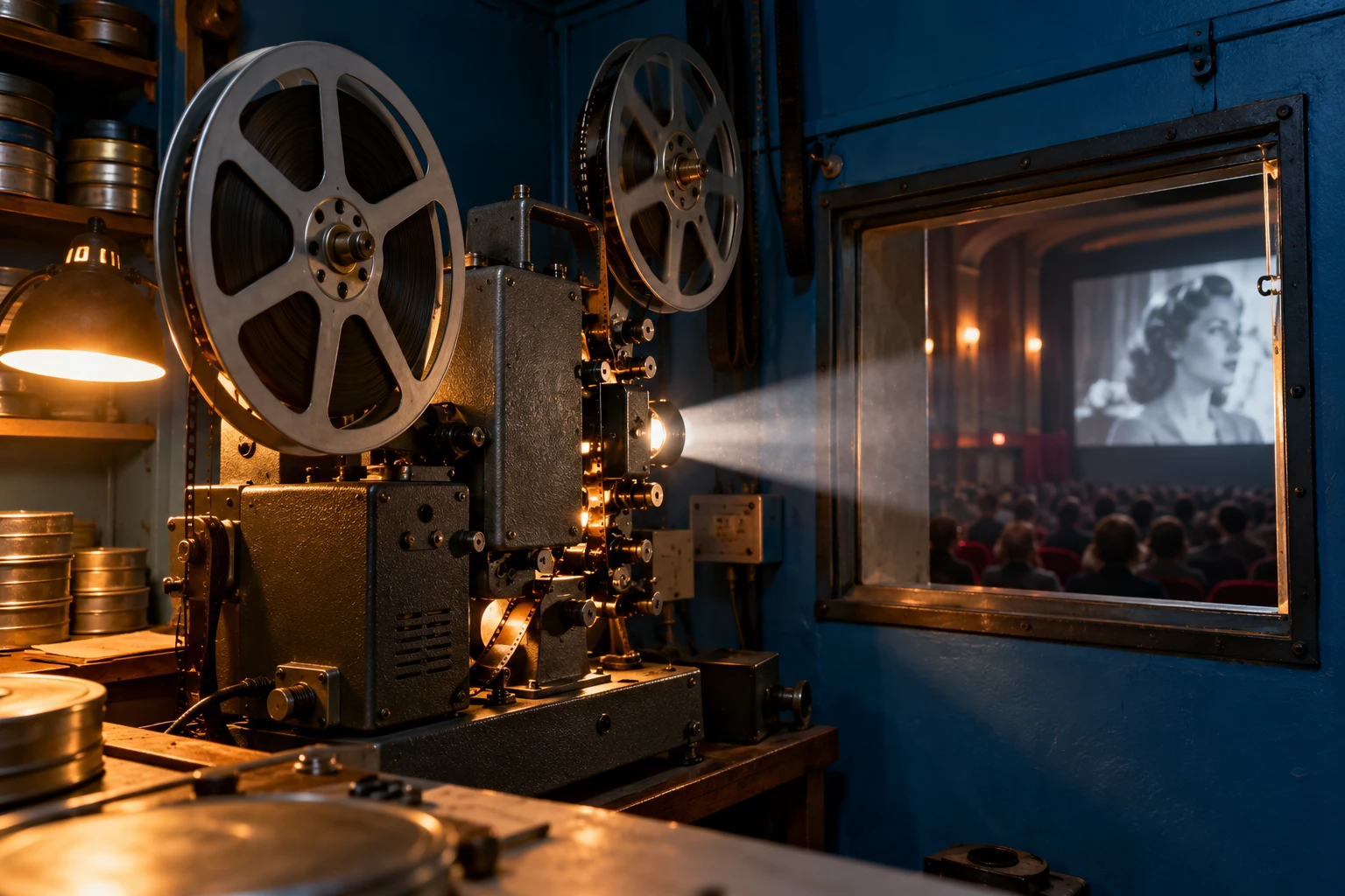A film projector and reels inside the projection booth