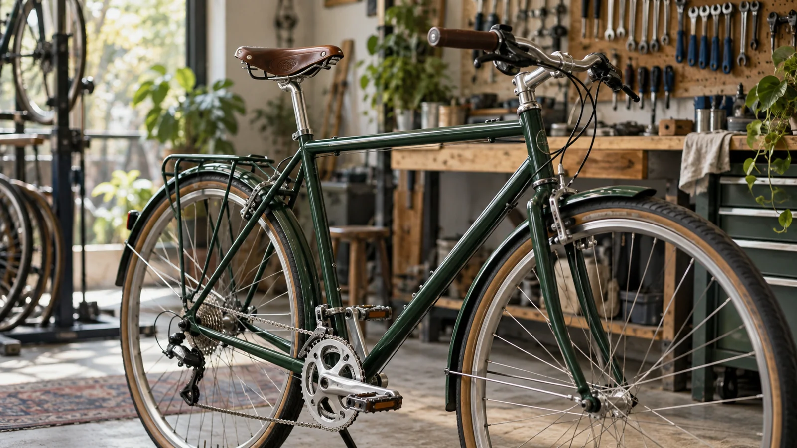 Forest-green commuter bicycle in a naturally lit repair workshop