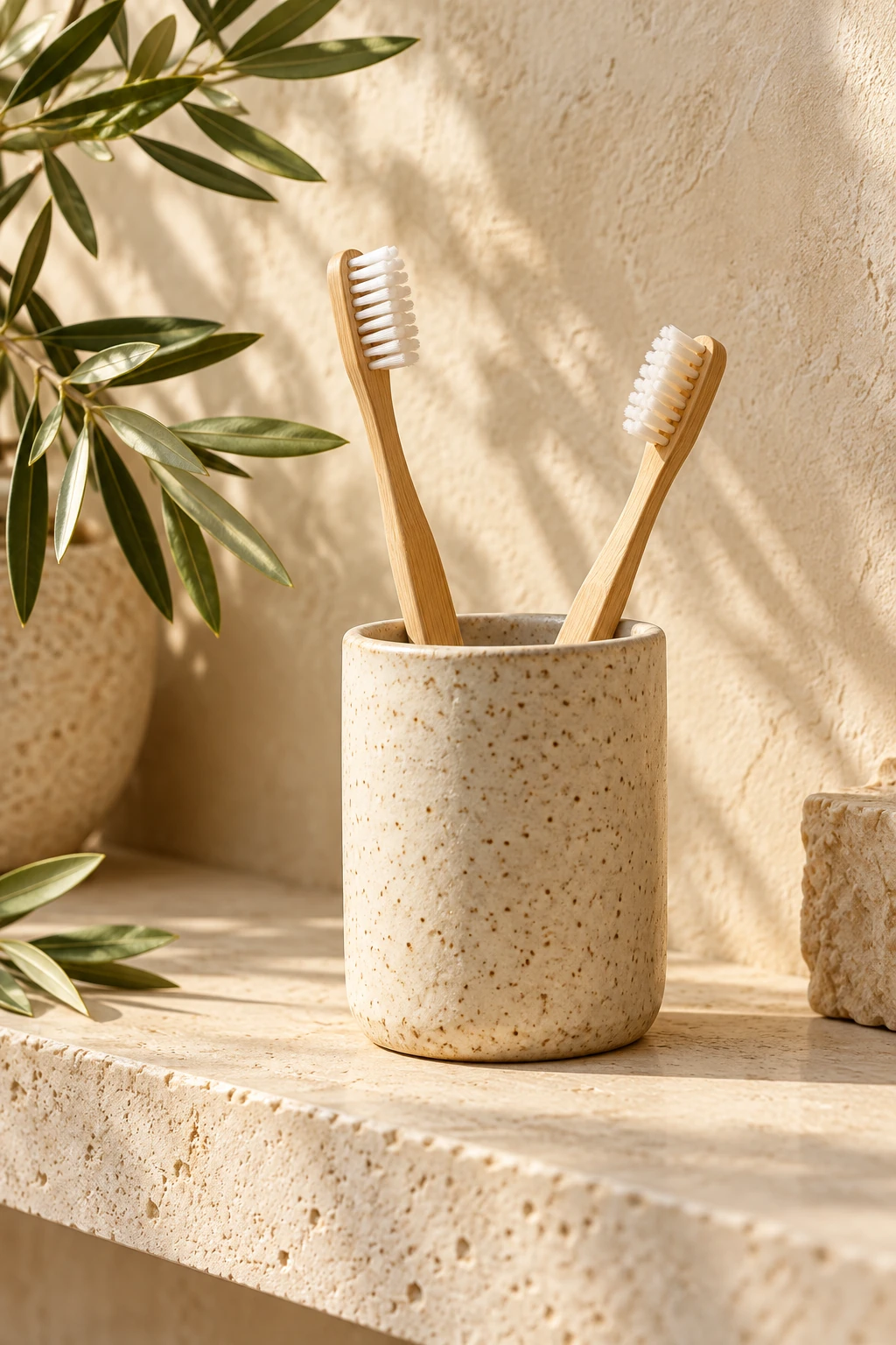 Bamboo toothbrushes in a ceramic cup
