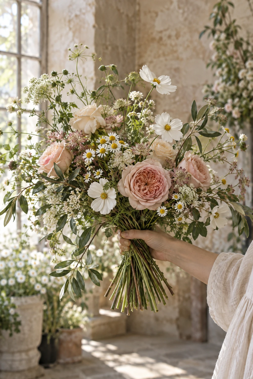An airy seasonal bouquet held by its stems