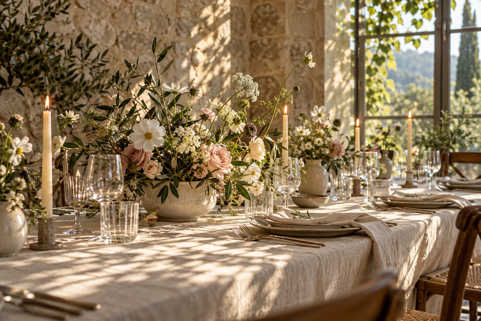Flowers and candlelight at an intimate dinner table