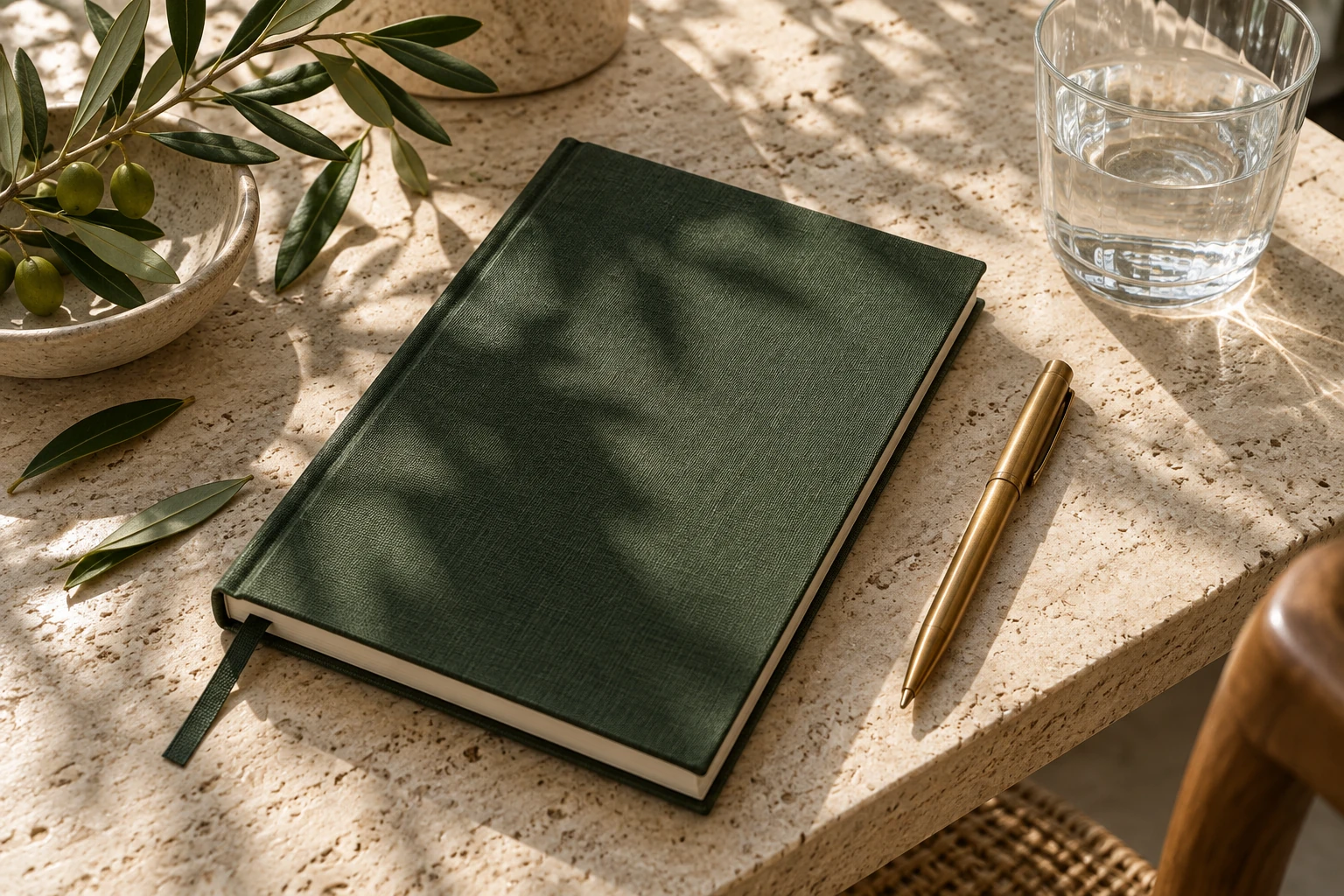A green ledger, brass pen and olive leaves on a sunlit stone desk