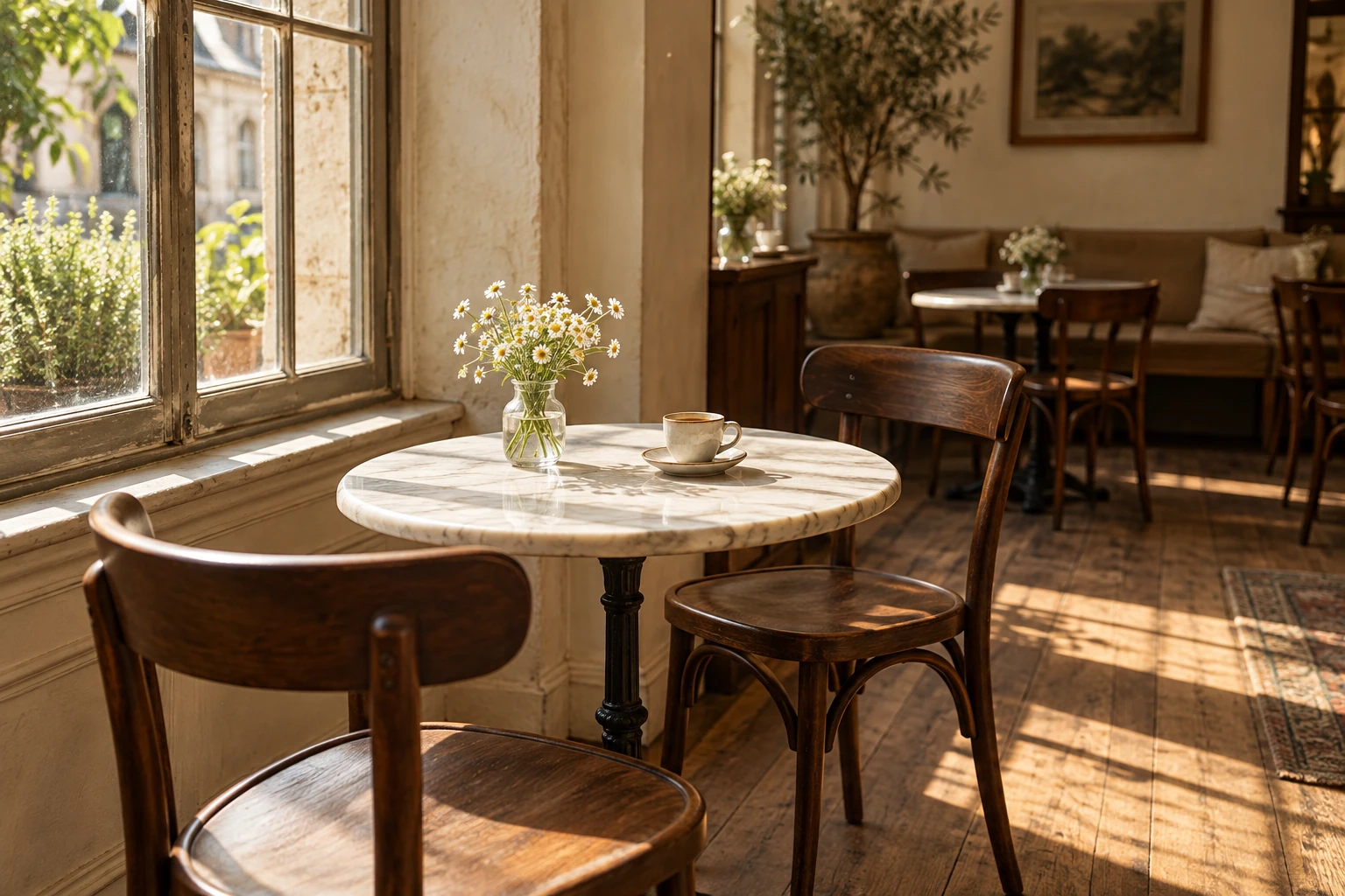 Sunlight on a marble café table beside the window