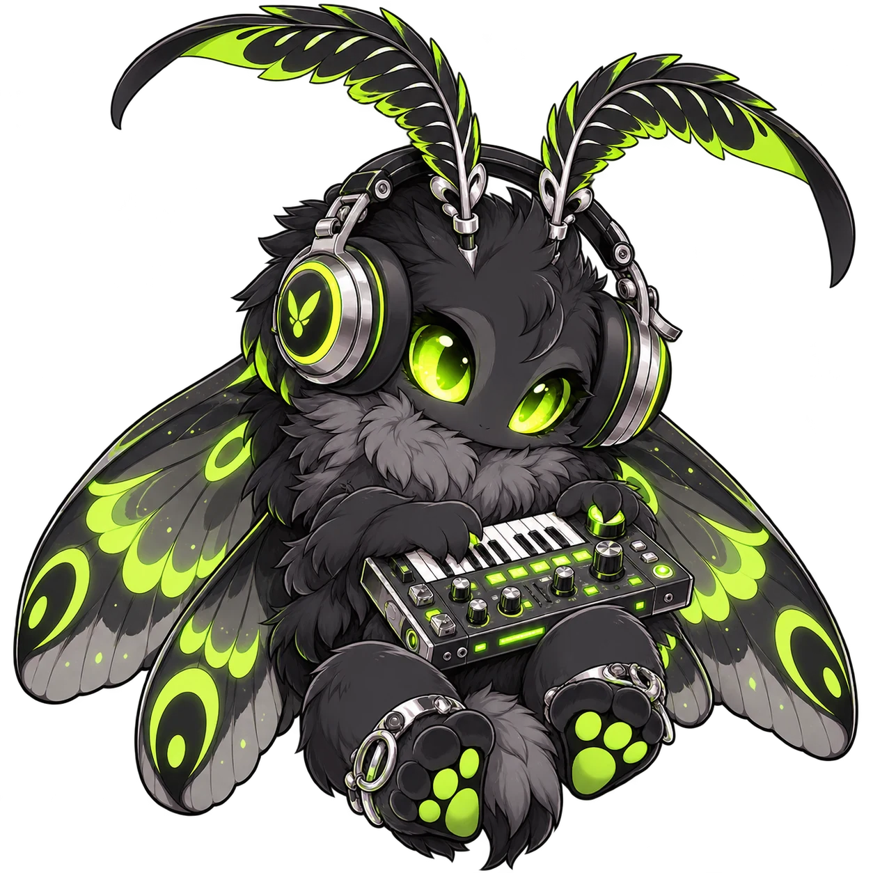 Original headphone-wearing cyber moth with a tiny synthesizer
