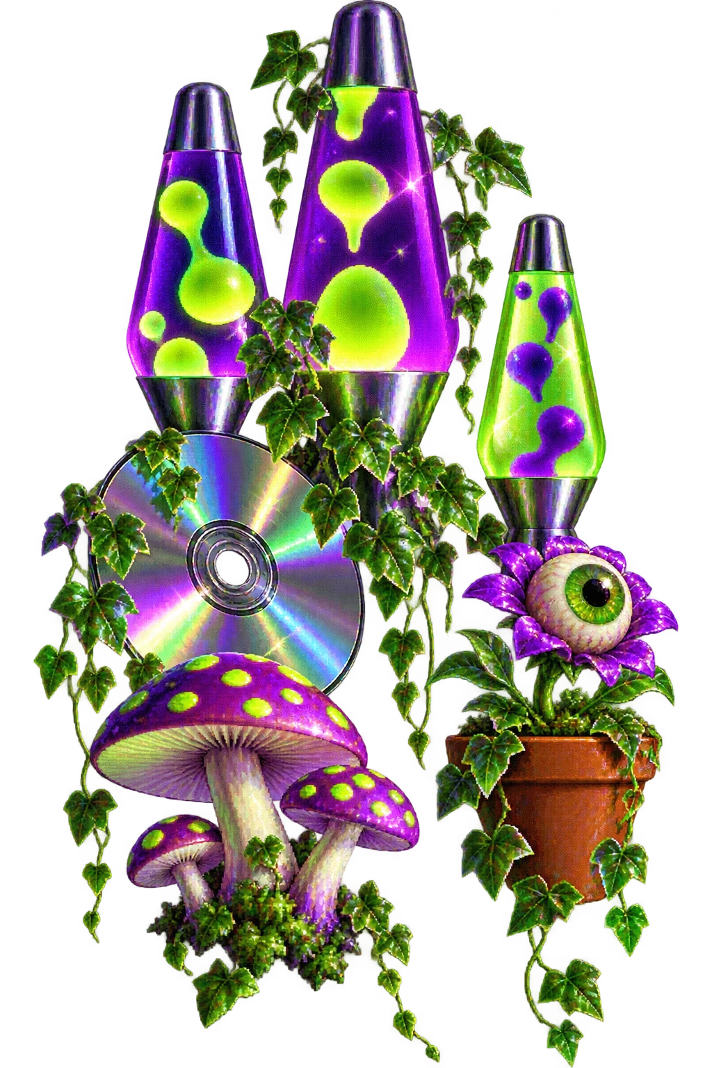Purple and lime lava lamps, an eyeball plant, mushrooms and a chrome disc