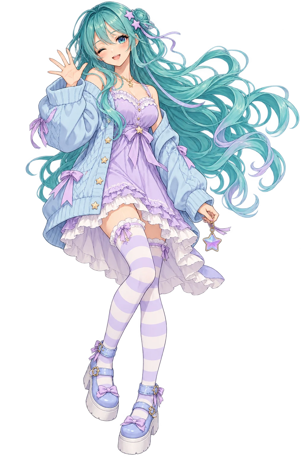 Original teal-haired anime character with a lavender dress and star hairpins